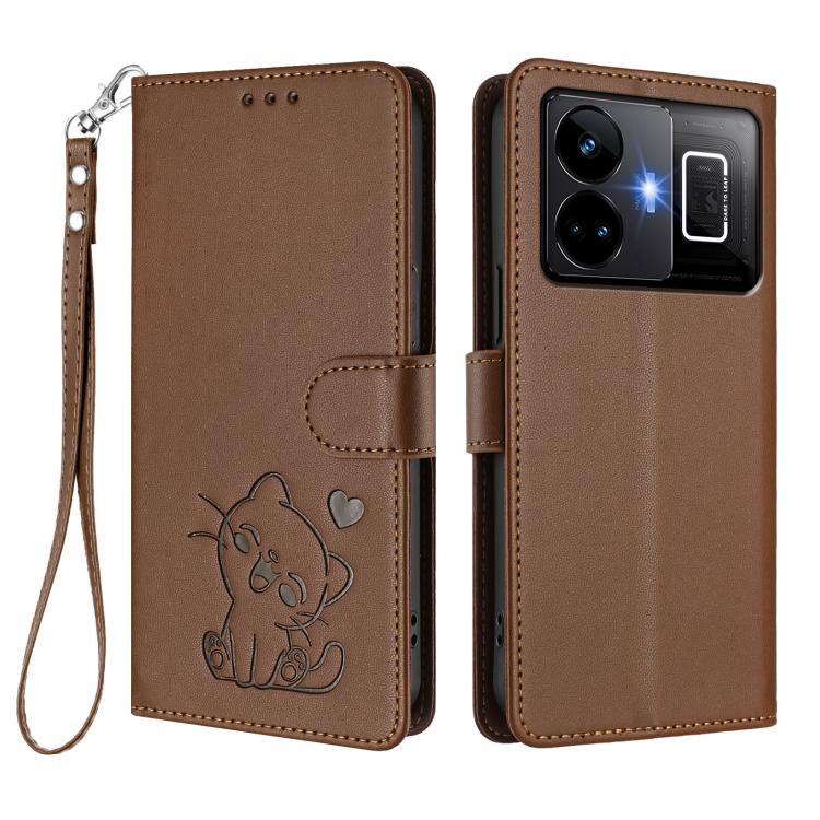 For Realme GT3 5G / GT Neo 5 240W Embossed Heart Cat Leather Phone Case with Hand Strap