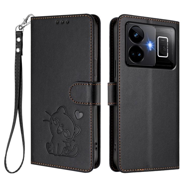 For Realme GT3 5G / GT Neo 5 240W Embossed Heart Cat Leather Phone Case with Hand Strap