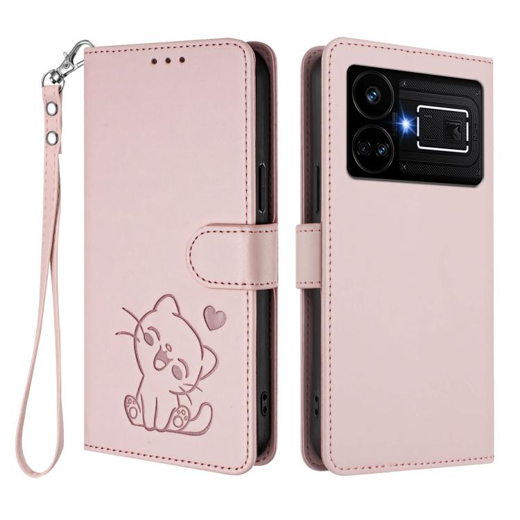 For Realme GT5 240W / GT5 5G Embossed Heart Cat Leather Phone Case with Hand Strap