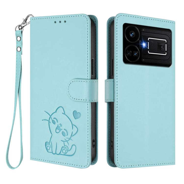 For Realme GT5 240W / GT5 5G Embossed Heart Cat Leather Phone Case with Hand Strap