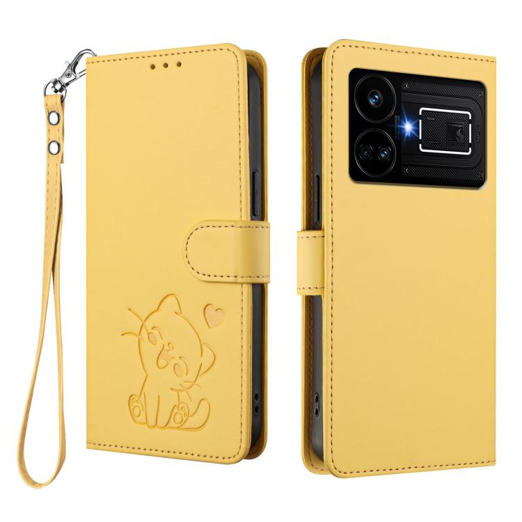 For Realme GT5 240W / GT5 5G Embossed Heart Cat Leather Phone Case with Hand Strap