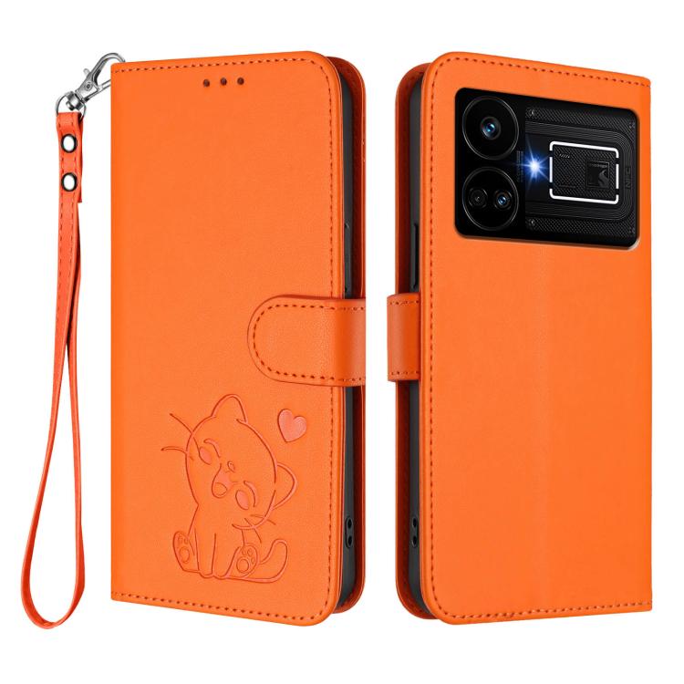 For Realme GT5 240W / GT5 5G Embossed Heart Cat Leather Phone Case with Hand Strap