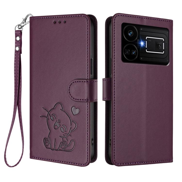 For Realme GT5 240W / GT5 5G Embossed Heart Cat Leather Phone Case with Hand Strap