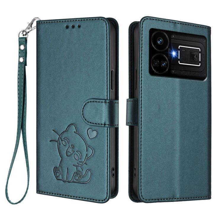 For Realme GT5 240W / GT5 5G Embossed Heart Cat Leather Phone Case with Hand Strap