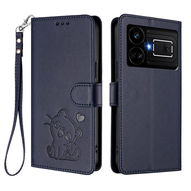 For Realme GT5 240W / GT5 5G Embossed Heart Cat Leather Phone Case with Hand Strap
