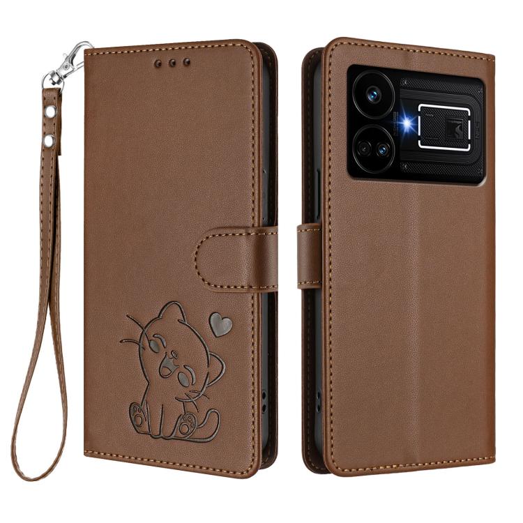 For Realme GT5 240W / GT5 5G Embossed Heart Cat Leather Phone Case with Hand Strap