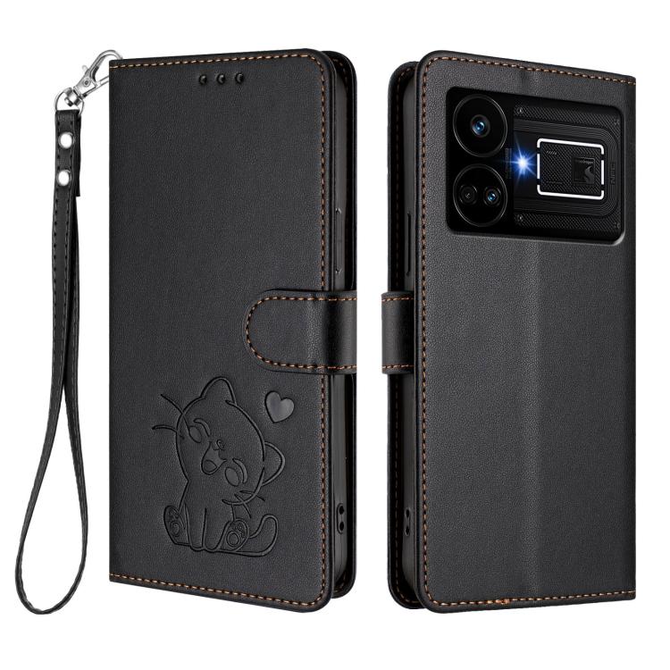 For Realme GT5 240W / GT5 5G Embossed Heart Cat Leather Phone Case with Hand Strap