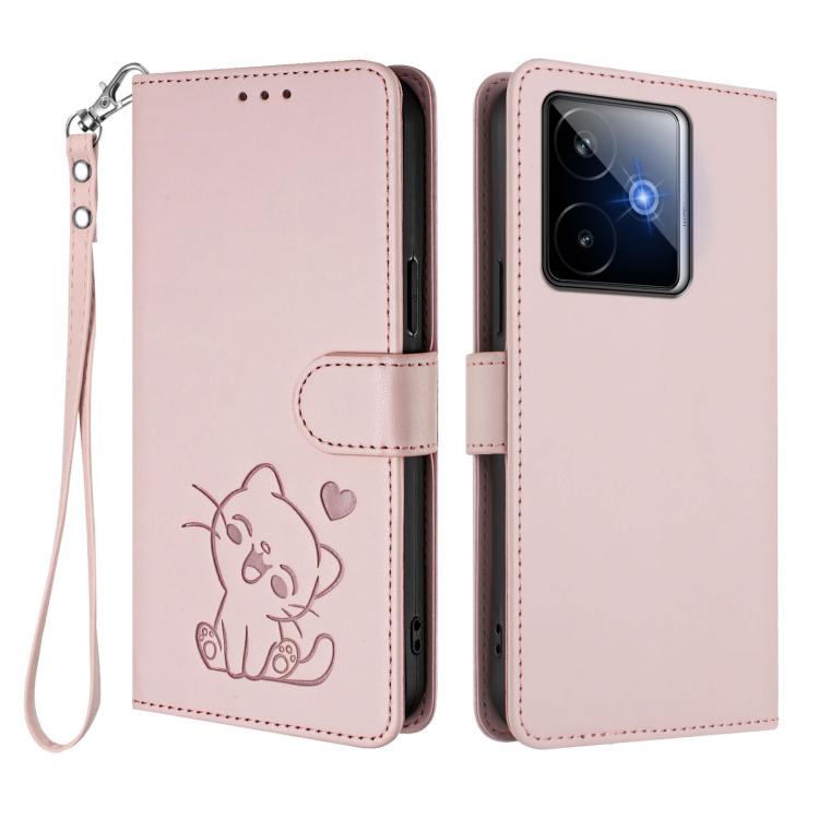 For Realme GT 7 5G India Embossed Heart Cat Leather Phone Case with Hand Strap