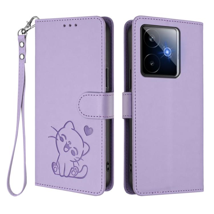 For Realme GT 7 5G India Embossed Heart Cat Leather Phone Case with Hand Strap
