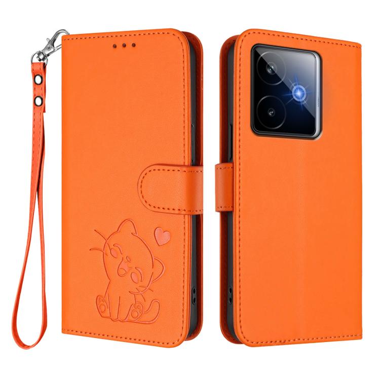 For Realme GT 7 5G India Embossed Heart Cat Leather Phone Case with Hand Strap