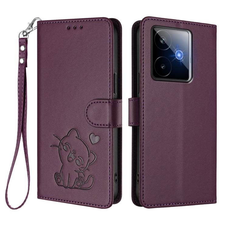 For Realme GT 7 5G India Embossed Heart Cat Leather Phone Case with Hand Strap