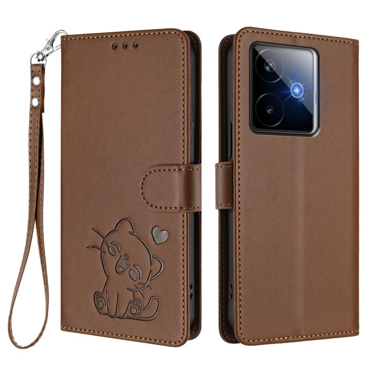 For Realme GT 7 5G India Embossed Heart Cat Leather Phone Case with Hand Strap