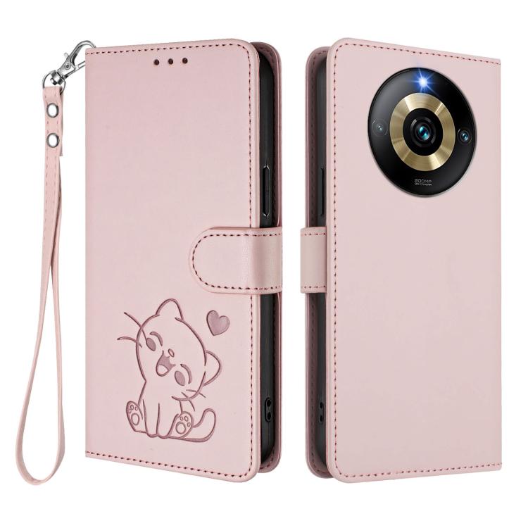 For Realme Narzo 60 Pro Embossed Heart Cat Leather Phone Case with Hand Strap