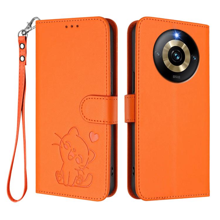 For Realme Narzo 60 Pro Embossed Heart Cat Leather Phone Case with Hand Strap