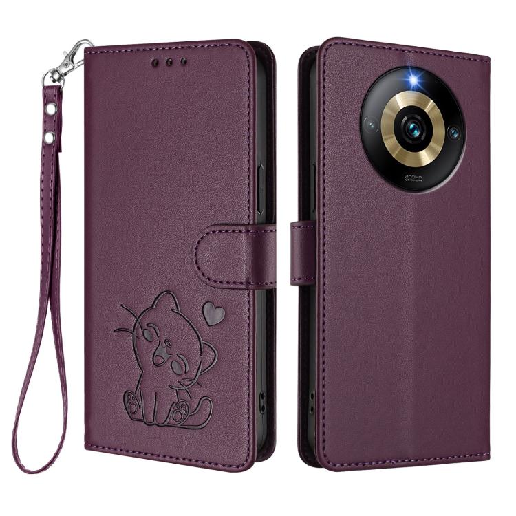For Realme Narzo 60 Pro Embossed Heart Cat Leather Phone Case with Hand Strap