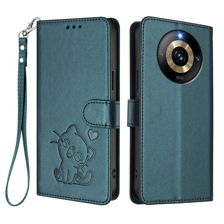 For Realme Narzo 60 Pro Embossed Heart Cat Leather Phone Case with Hand Strap