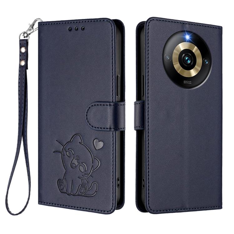 For Realme Narzo 60 Pro Embossed Heart Cat Leather Phone Case with Hand Strap