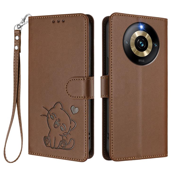 For Realme Narzo 60 Pro Embossed Heart Cat Leather Phone Case with Hand Strap