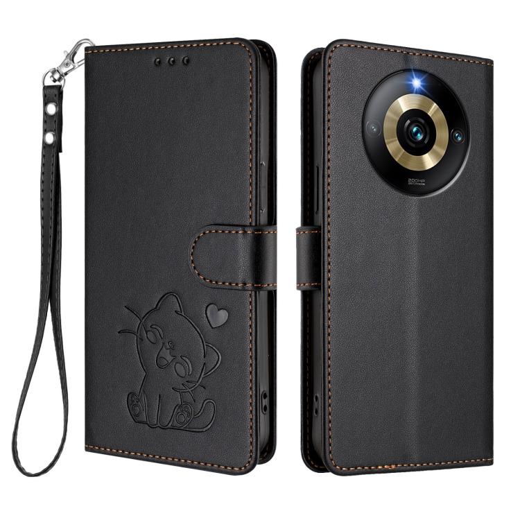 For Realme Narzo 60 Pro Embossed Heart Cat Leather Phone Case with Hand Strap