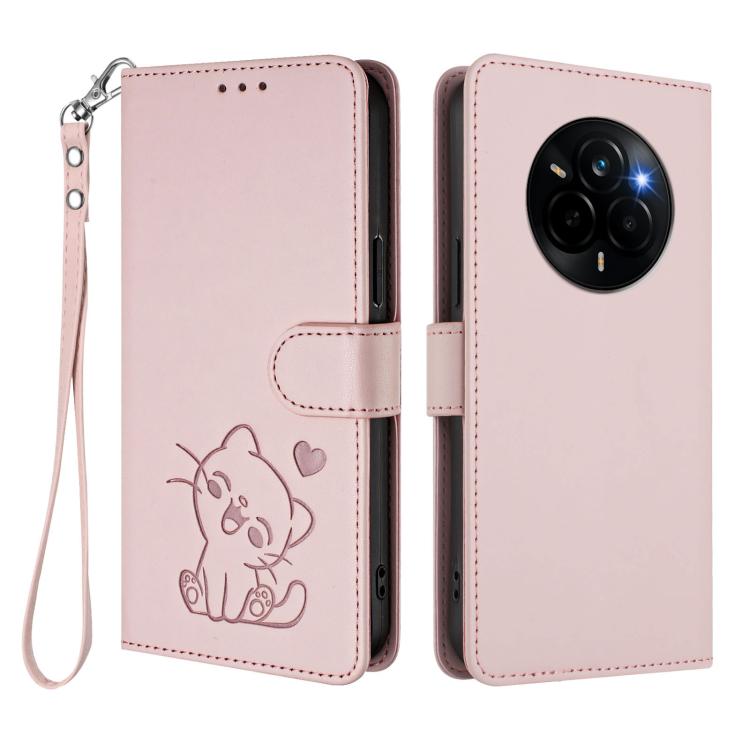 For Realme Narzo 80 Pro Embossed Heart Cat Leather Phone Case with Hand Strap