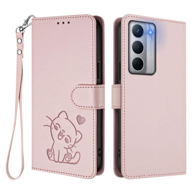 For Realme Narzo 80x Embossed Heart Cat Leather Phone Case with Hand Strap