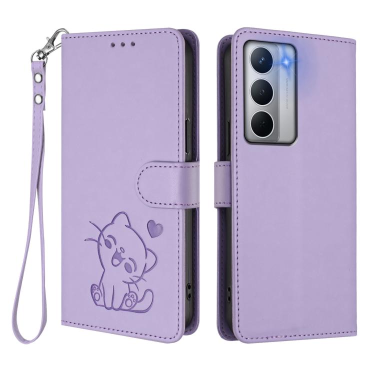 For Realme Narzo 80x Embossed Heart Cat Leather Phone Case with Hand Strap