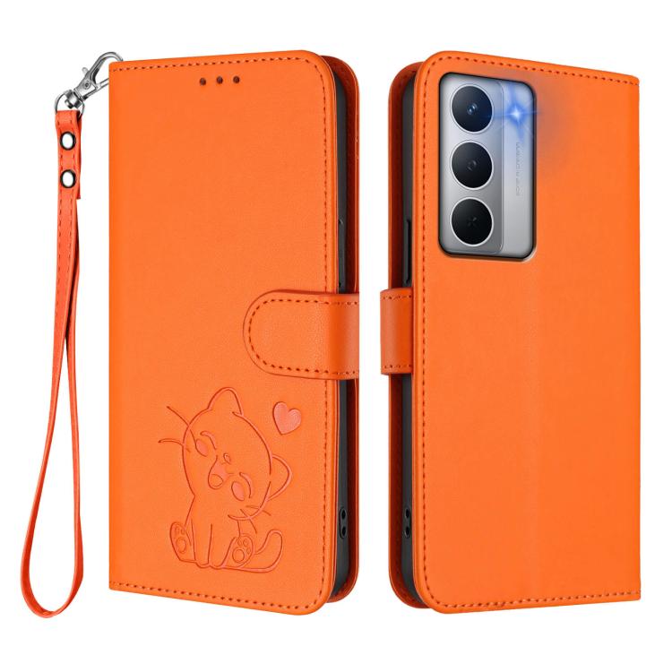For Realme Narzo 80x Embossed Heart Cat Leather Phone Case with Hand Strap