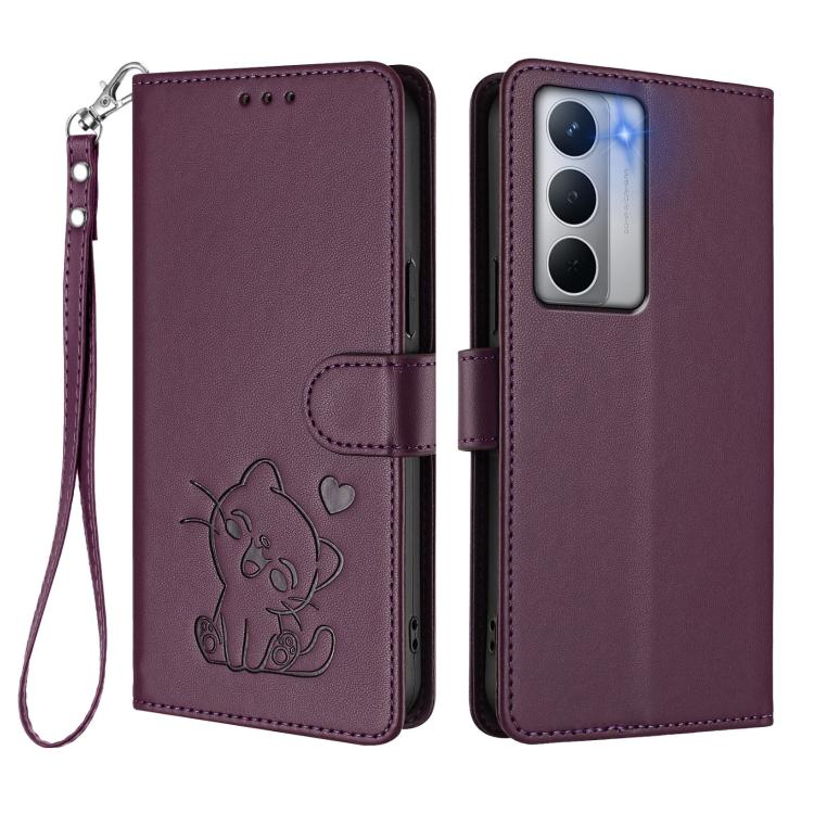 For Realme Narzo 80x Embossed Heart Cat Leather Phone Case with Hand Strap