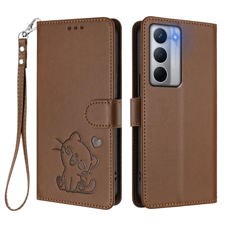 For Realme Narzo 80x Embossed Heart Cat Leather Phone Case with Hand Strap
