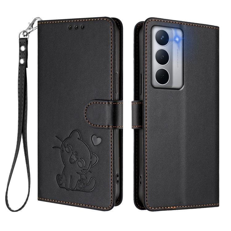 For Realme Narzo 80x Embossed Heart Cat Leather Phone Case with Hand Strap