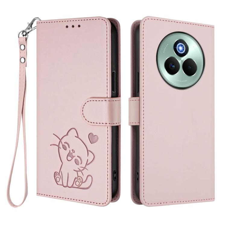 For Realme P3 Pro 5G Global Embossed Heart Cat Leather Phone Case with Hand Strap