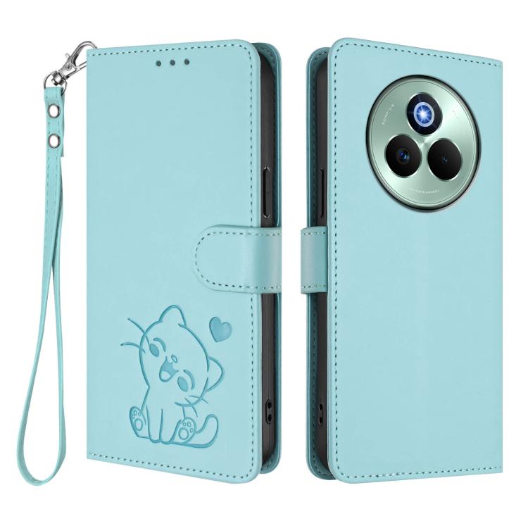 For Realme P3 Pro 5G Global Embossed Heart Cat Leather Phone Case with Hand Strap