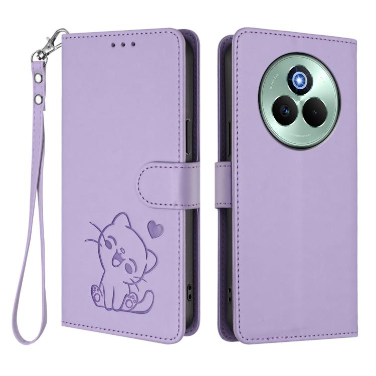 For Realme P3 Pro 5G Global Embossed Heart Cat Leather Phone Case with Hand Strap