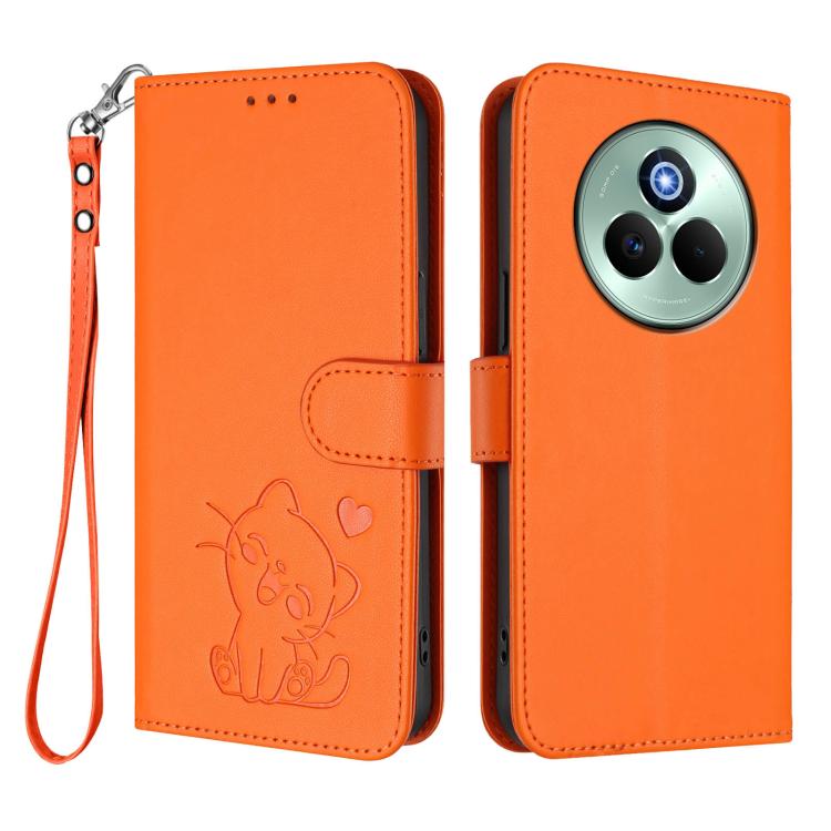 For Realme P3 Pro 5G Global Embossed Heart Cat Leather Phone Case with Hand Strap