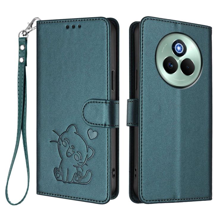 For Realme P3 Pro 5G Global Embossed Heart Cat Leather Phone Case with Hand Strap