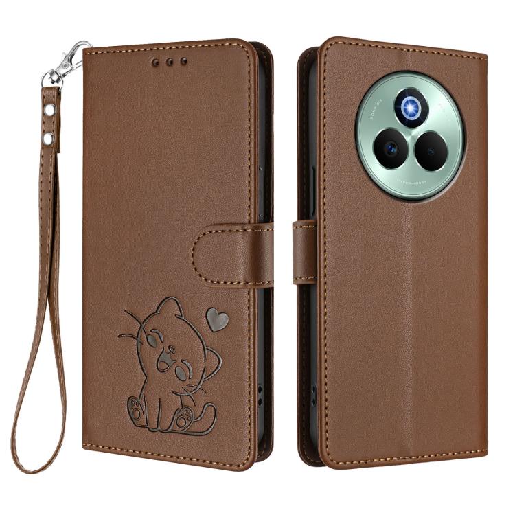 For Realme P3 Pro 5G Global Embossed Heart Cat Leather Phone Case with Hand Strap