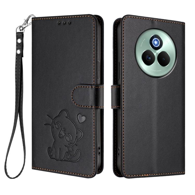 For Realme P3 Pro 5G Global Embossed Heart Cat Leather Phone Case with Hand Strap