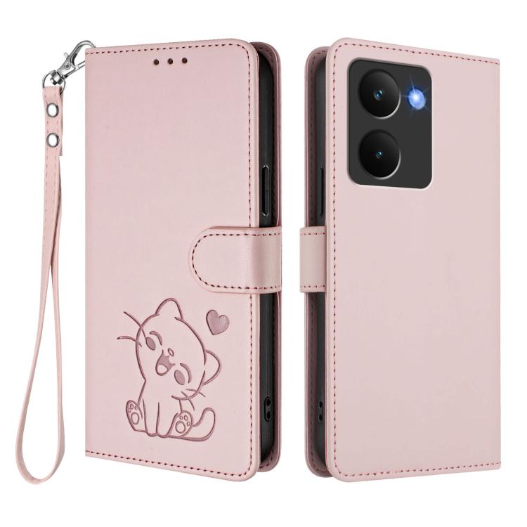 For Realme P3 Ultra 5G Global Embossed Heart Cat Leather Phone Case with Hand Strap
