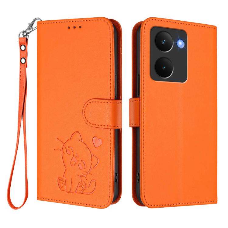 For Realme P3 Ultra 5G Global Embossed Heart Cat Leather Phone Case with Hand Strap