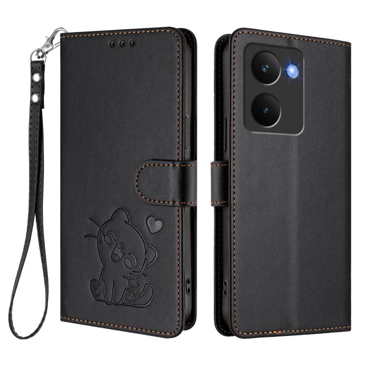 For Realme P3 Ultra 5G Global Embossed Heart Cat Leather Phone Case with Hand Strap