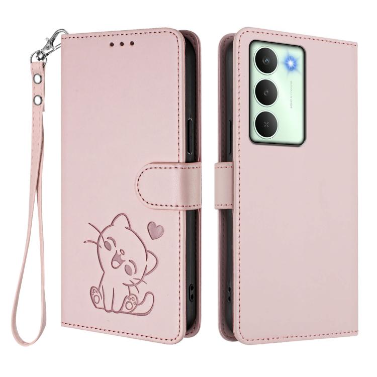 For Realme V70 5G / 14x Global / C75 5G Embossed Heart Cat Leather Phone Case with Hand Strap
