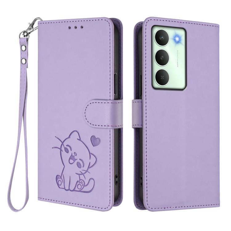For Realme V70 5G / 14x Global / C75 5G Embossed Heart Cat Leather Phone Case with Hand Strap