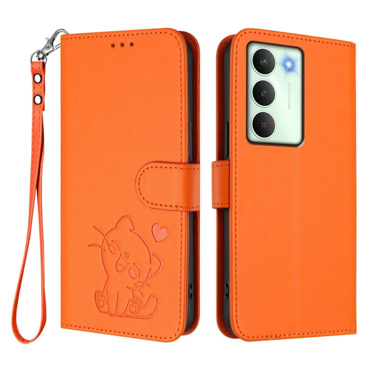 For Realme V70 5G / 14x Global / C75 5G Embossed Heart Cat Leather Phone Case with Hand Strap