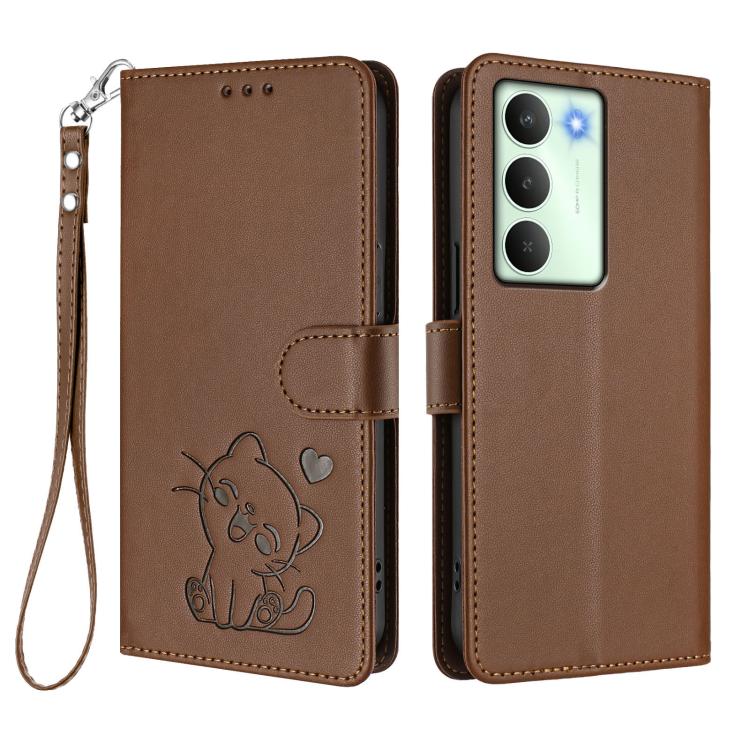 For Realme V70 5G / 14x Global / C75 5G Embossed Heart Cat Leather Phone Case with Hand Strap