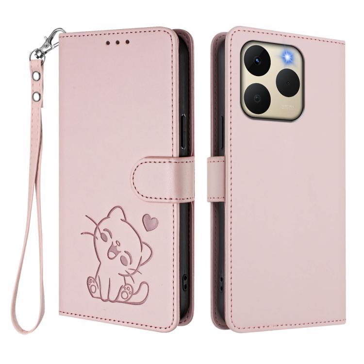 For Realme 15T 5G Global Embossed Heart Cat Leather Phone Case with Hand Strap
