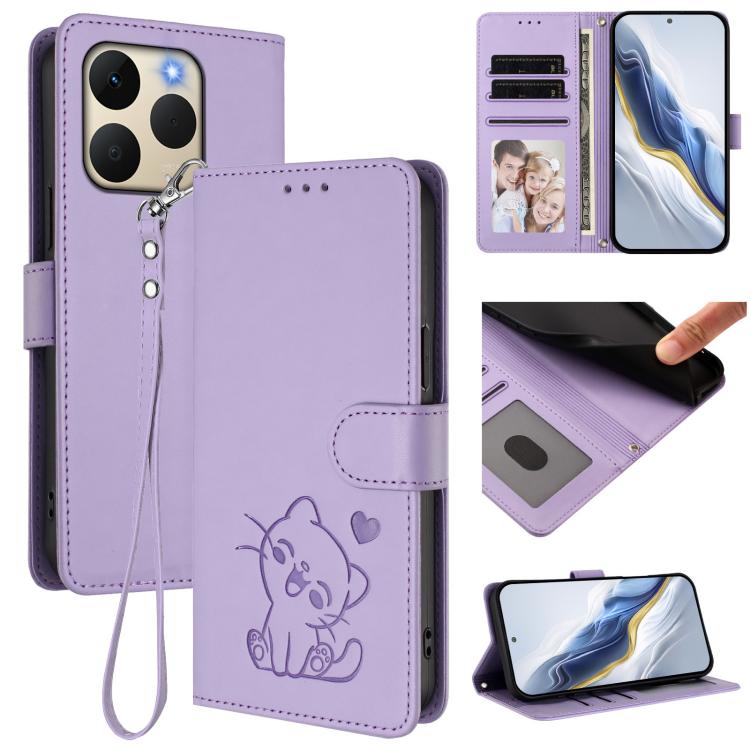 For Realme 15T 5G Global Embossed Heart Cat Leather Phone Case with Hand Strap
