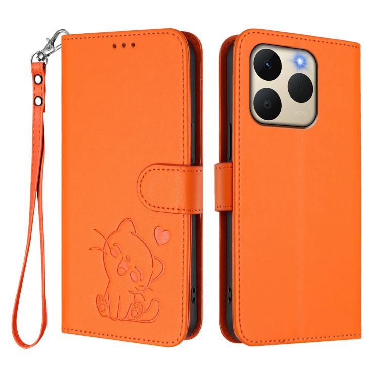 For Realme 15T 5G Global Embossed Heart Cat Leather Phone Case with Hand Strap