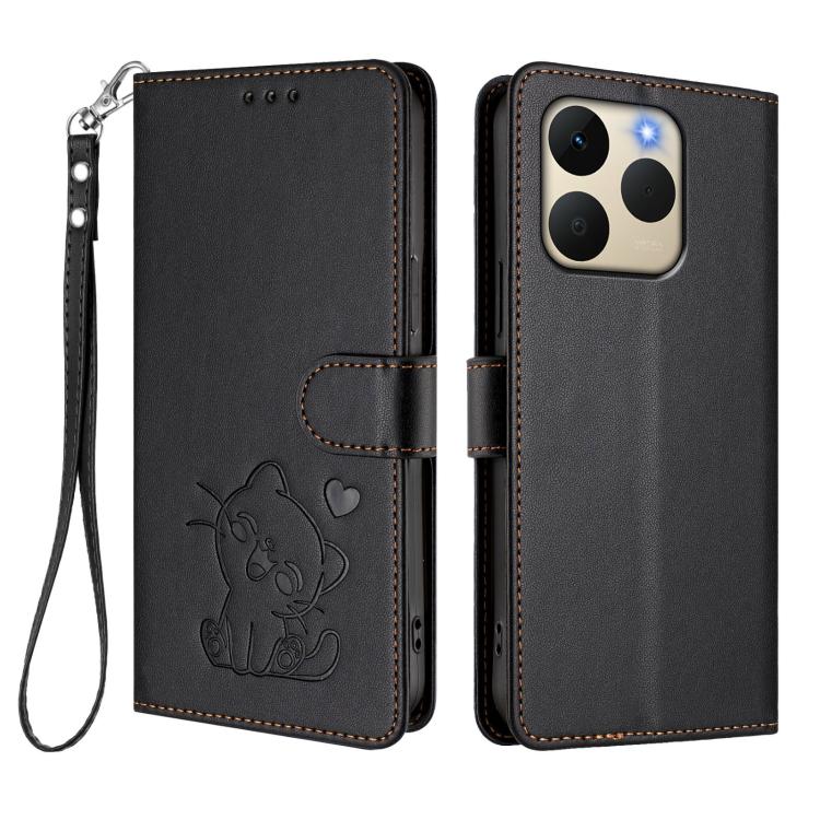 For Realme 15T 5G Global Embossed Heart Cat Leather Phone Case with Hand Strap