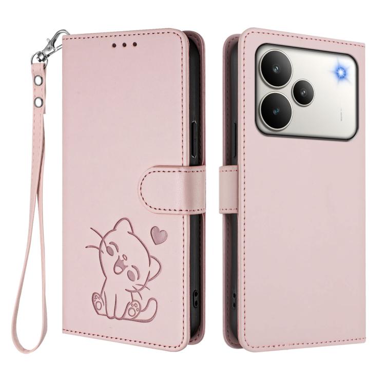For Realme P4 5G Embossed Heart Cat Leather Phone Case with Hand Strap
