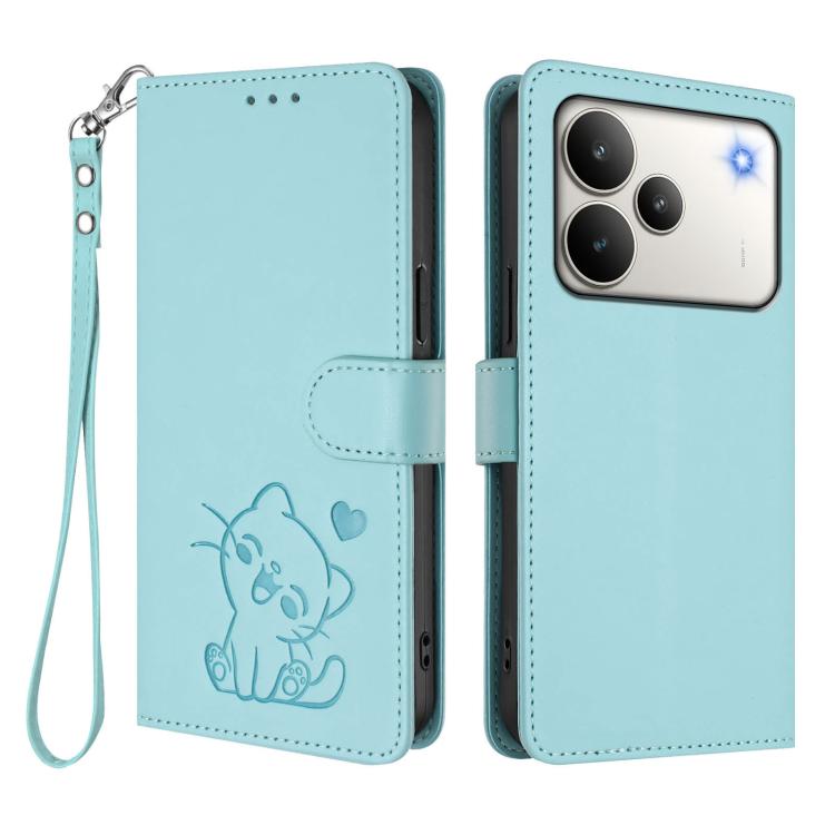 For Realme P4 5G Embossed Heart Cat Leather Phone Case with Hand Strap
